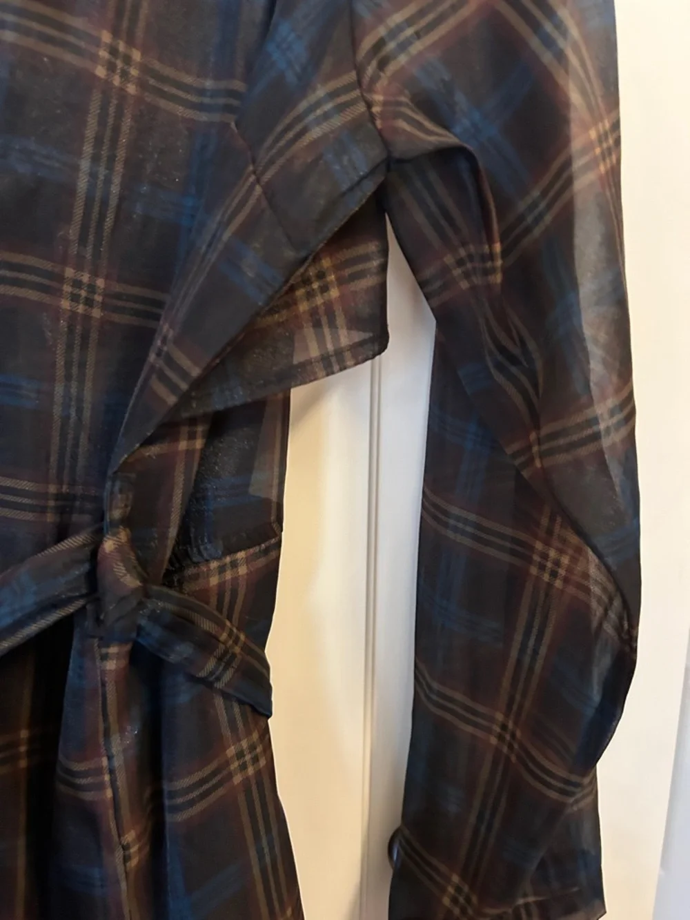 Plaid Long Trench Coat with Self-Tie Waist - Brown & Blue